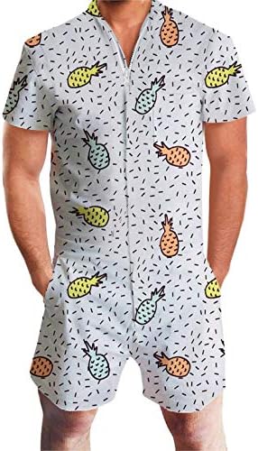 Flamingos Floral Print Rompers Men Short Sleeve 3D Jumpsuit Playsuit Harem Cargo Overalls Summer