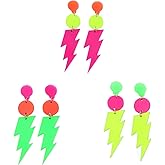 3Pairs 80s 90s Neon Earrings for Women Retro Colorful Acrylic Cassette Tape Flash Lightning Dangle Earrings Geometric Oval Triangle Star Neon Earring for 80's Outfit Glow Party Accessories
