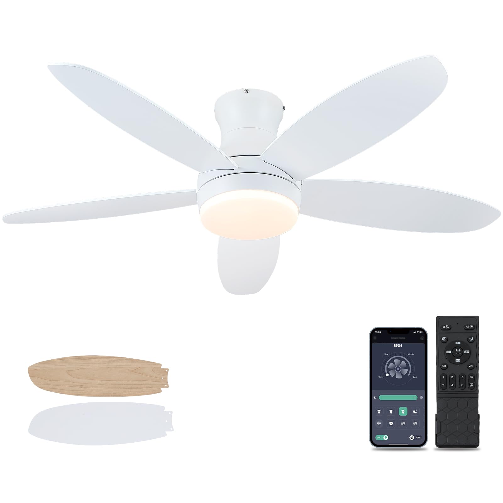 Photo 1 of BYKISTOK 48 Inch Ceiling Fan with Light, White Flush Mount Ceiling Fan with Remote and APP Control, Dimmable and 6 Wind Speed, Modern Low Profile Fan Light for Bedroom, Covered Outdoor