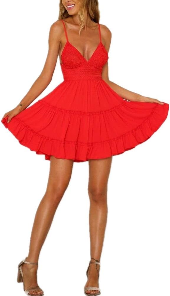 Women Sexy Spaghetti Strap Backless Mini Dress Solid Lace Party Beach Sundress Small Red