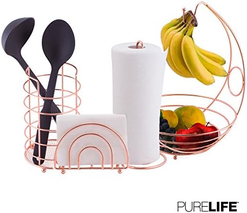 Kitchen Set 4pc | Fruit Basket / Banana Holder, Utensil Holder, Napkin Holder & Paper Towel Dispenser - Double Coated Copper Finish Modern Collection for Countertop Table Decor | Heat Resistant Tool