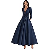 Djqpi Satin Mother of The Bride Dresses for Wedding 3/4 Sleeve Tea Length Formal Gown with Pockets