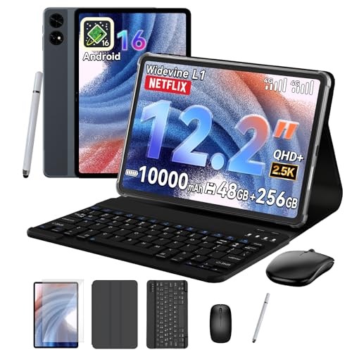 TABWEE T60 Android 16 Tablet with Keyboard – 12 Inch Tablet, 48GB+256GB, 10000mAh, 16MP+8MP, 1600*2400 QHD+, Widevine L1, Gemini AI 3.1 Pro, Built-in GPS, 4G LTE Tablet (4 Year Warranty)