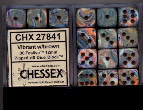 Chessex Dice d6 Sets: Festive Vibrant Swirl with Brown Pips - 12mm Six Sided Die (36) Block of Dice