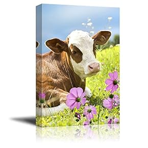 Print Cattle Lying on Grass with Purple Flowers