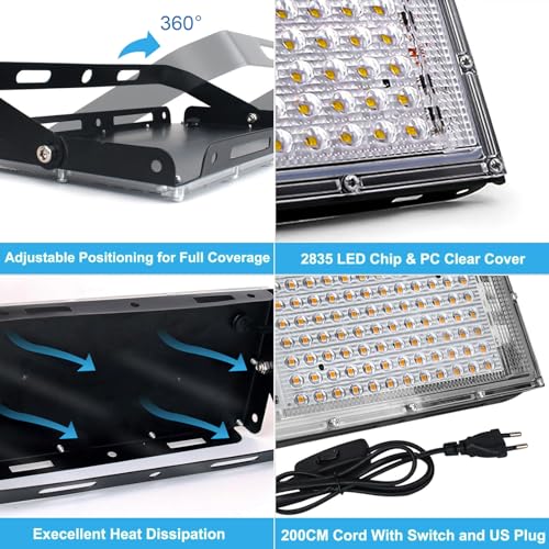 CREATESTAR 100 W LED Outdoor Floodlight, 2 Piece Outdoor LED Spotlight, 10000LM Super Bright 3000K Warm White, IP65 Waterproof Security Lighting for Yard, Garden, Garage