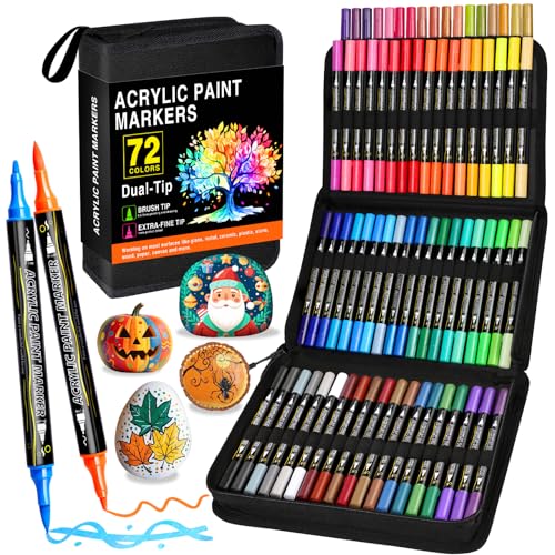 AHIKY 72 Colours Acrylic Markers, Double Ended Acrylic Markers with Fine Tip and Brush, Acrylic Paint Marker Permanent for Stones, Wood, Easter Eggs, Glass, Ceramic, Fabric