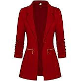 Genhoo Women's Zipper Pockets Oversized Blazers Work Solid Color Knit Blazer Jacket Outfits Red XX-Large