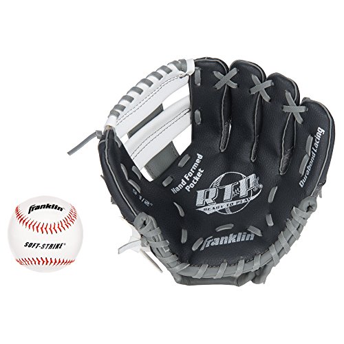 UPC 025725419142, Franklin Sports Teeball Recreational Series Fielding Right Hand Glove with Baseball, 9.5-Inch, Black/Graphite/White