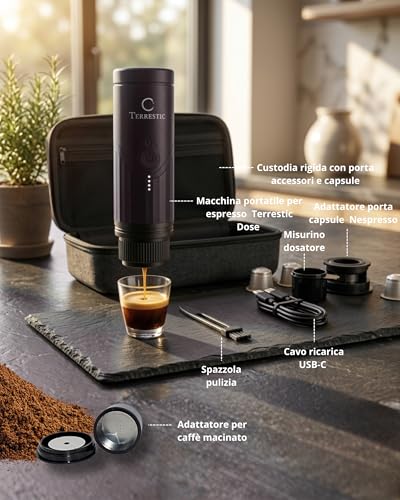 Terrestic Portable Coffee Machine, 80 ml, Portable Coffee Maker, USB Rechargeable Travel Coffee Machine, Compatible with Nespresso Powder and Capsules with Hard Case