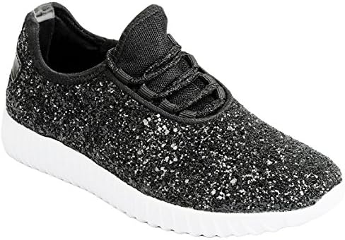 JKNY Kids Girls Fashion Metallic Sequins Glitter Lace up Light Weight Stylish Sneaker Shoes Black Size 7