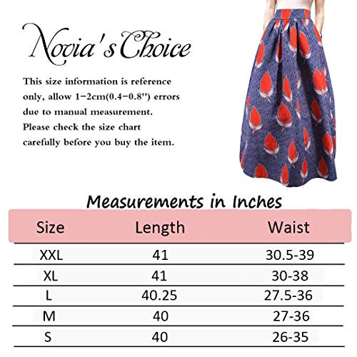 Novia's Choice Women African Floral Print Pleated High Waist Maxi Casual A-Line Skirt(Red Leaf S)