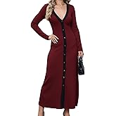 Women's Long Sleeve Ribbed Knit Bodycon Sweater V-Neck Button Down Color Blocked Casual Midi Party Dress