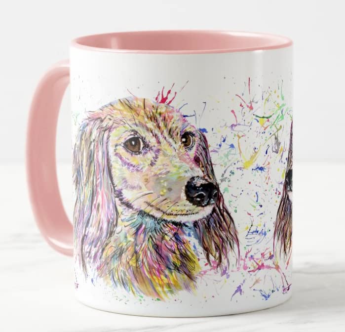 Vixar Dachshund Long haired Sausage Wierner Dog Pet Watercolour Art Coloured Mug Cup Gift Birthday Work Office Christmas Tea Coffee (Pink)