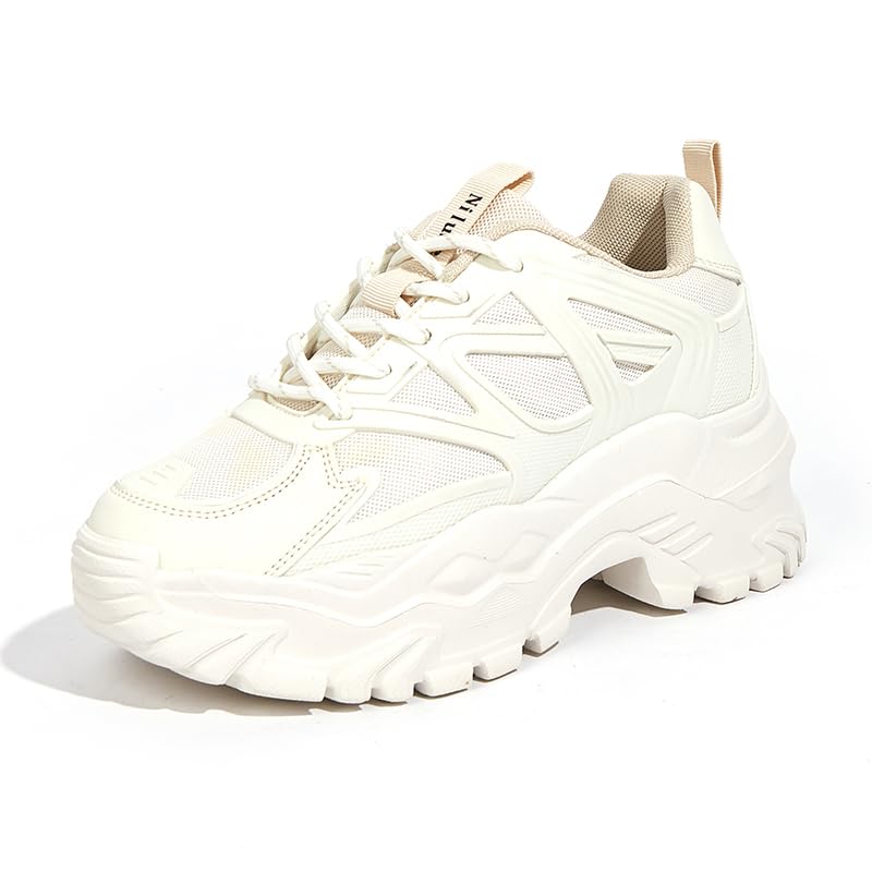 Photo 1 of **SHOWS SIGNS  OF HEAVY USAGE/NEEDS CLEANING ALSO RUNS BIG** Niluber Chunky Sneakers for Women White Black Red Purple Platform Sneakers Comfortable Casual Lace Up Fashion Tennis Shoes(Beige,8.5)