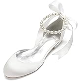 YWXYMGE Wedding Shoes Flats for Bride Satin Pearls Round Toe Women Dress Shoes for Special Occasions