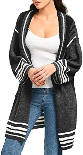 Plus Size Open Front Cardigan Striped Knitted Draped Sweater with Pockets