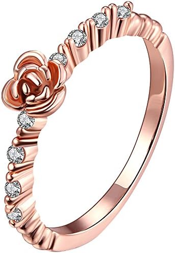 AWLY Jewelry Women's 18k Rose Gold Cubic Zirconia CZ Rose Flower Eternity Ring Bridal Engagement Wedding Band Size 6