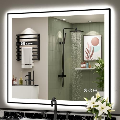 AWANDEE 40x38 Black Framed LED Bathroom Mirror