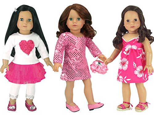 3 Pink Dress Set for 18 Inch Dolls Includes 6 Pieces, Sequin Pink Dress with Purse, Hawaiian Dress and Heart Tee, Pink Skirt and Leggings