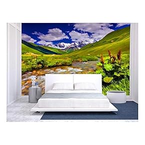 Digital Artwork in Watercolor Painting Style. Fantastic Landscape with a River in The Mountains. - Removable Wall Mural | Self-Adhesive Large Wallpaper - 66x96 inches