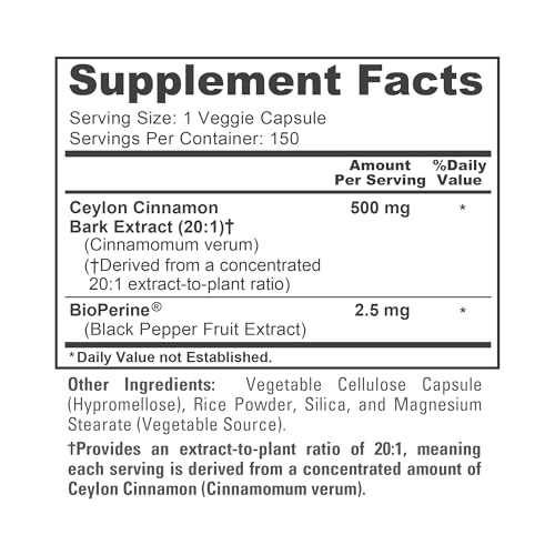 NusaPure | Ceylon Canela 500 mg con BioPerine | 150 Cápsulas | Vegano, Sin GMO, Sin Gluten