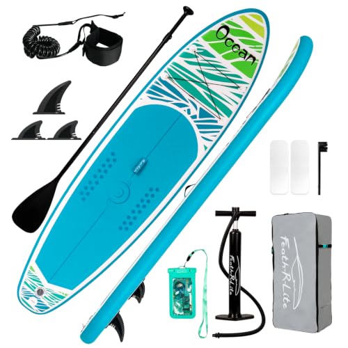 FunWater Aufblasbares Stand Up Paddle Board Ultra-Leicht SUP Paddelboard mit 3 Finnen, Verstellbarem Paddel, Pumpe, Rucksack, Leine und Wasserdichter