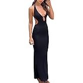 Backless Halter Deep V Neck Formal Maxi Dress for Women Sexy Open Back Low Cut