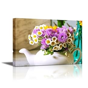 Canvas Wall Art - Still Life Kitchen Decoration with Teapot and Wild Flowers on Wooden Background | Modern Home Art Canvas Prints Giclee Printing Wrapped & Ready to Hang - 12" x 18"