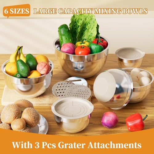 Beauenty Mixing Bowls with Lids Set, 6 Piece Stainless Steel Nesting Storage Bowls for Kitchen, with 3 Grater Attachments & Non-Slip Bottoms, Size 18, 20, 22, 24, 26, 28CM