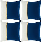 Fancy Homi 4 Packs Blue Decorative Throw Pillow Covers 18x18 Inch for Living Room Couch Bed, Royal Blue and White Velvet Patchwork with Gold Leather, Luxury Home Decor Square Cushion Case 45x45 cm
