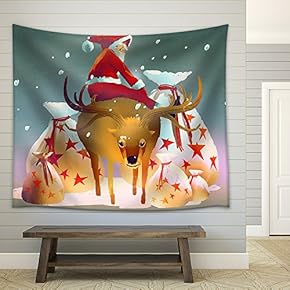 Illustration - Santa Claus Sitting on His Reindeer with Gift Bags,Illustration Painting - Fabric Wall Tapestry Home Decor - 51x60 inches