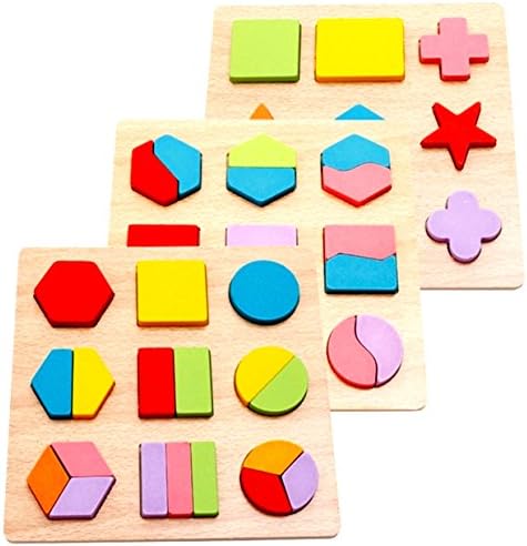 Large Geometric Shape Sorting Wooden Puzzles, Set of 3. Chunky Jigsaw to learn Math and Color Recognition, for Early Educational Learning, Montessori Teaching for Pre-Schoolers, by INTELLITOYZ
