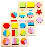 Large Geometric Shape Sorting Wooden Puzzles, Set of 3. Chunky Jigsaw to learn Math and Color Recognition, for Early Educational Learning, Montessori Teaching for Pre-Schoolers, by INTELLITOYZ