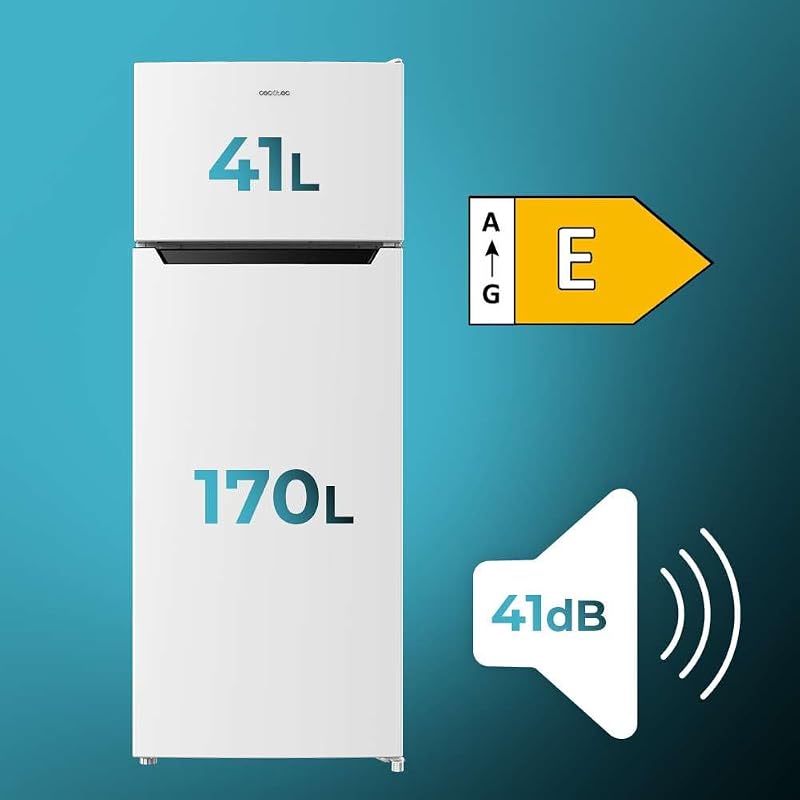Cecotec 2D Bolero CoolMarket 2D 211 Branco E Geladeira. Motor de Degelo Frigorífico de 2 portas Branco 143X54Cm, Capacidade 211 L, Porta reversível, Classe Energética E, com Modo de Congelação Rápida