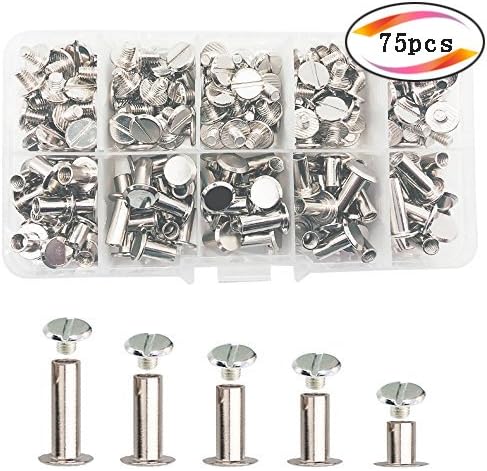 75 Sets Silvery Chicago Screws Assorted Kit 5 Sizes Round Flat Head Stud Screw Posts Metal Accessories Nail Rivet Chicago Button for DIY Leather Decoration Bookbinding (Silver)