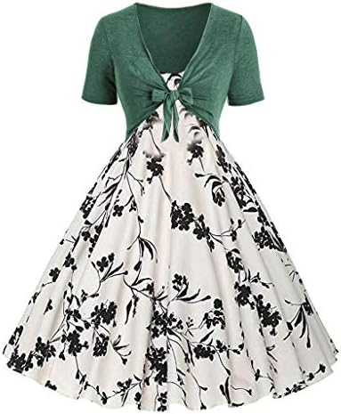 Women's Bow Print Dress-Top 2 Piece Set Girls Sleeveless Round Neck Chest Vintage Retro Cotton Floral Dresses