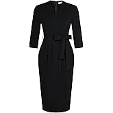 GRACE KARIN Womens Work Dresses V Neck 3/4 Sleeve Back Zipper Tie Waist Bodycon Dress Office Cocktail Dress with Pockets