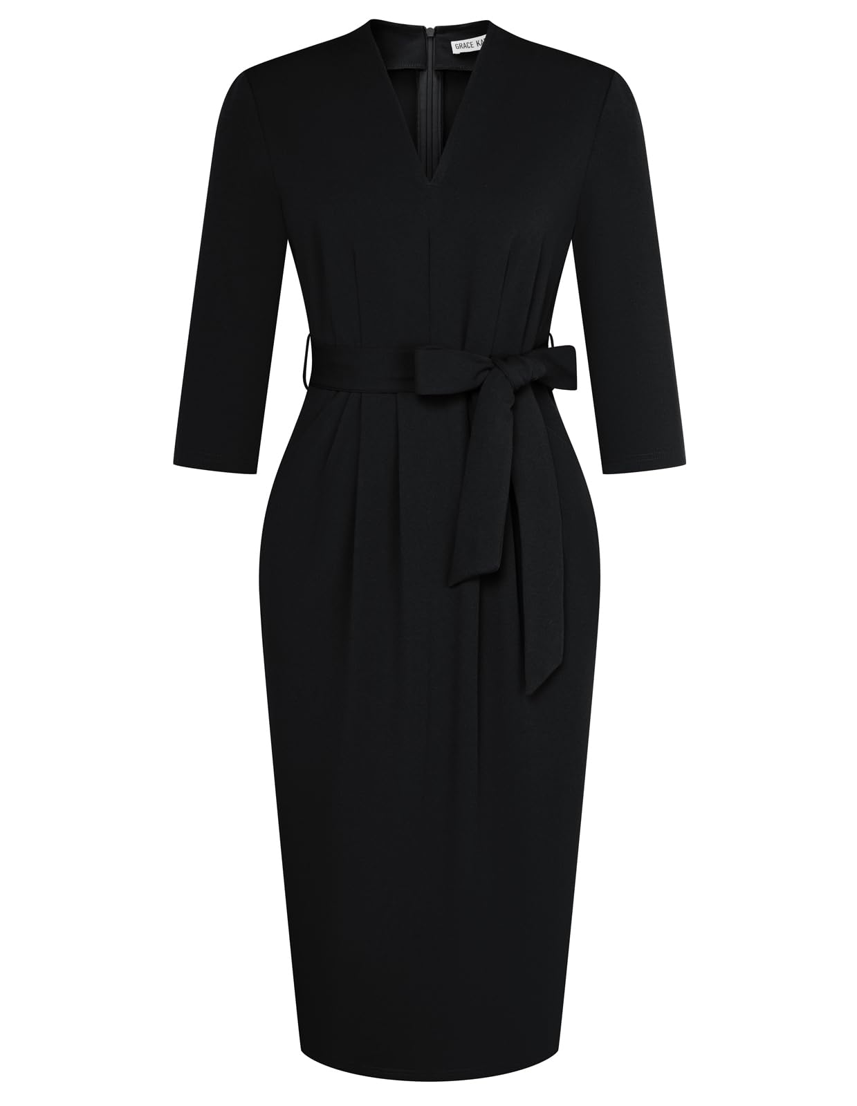 Photo 1 of Office Dresses V Neck 3/4 Sleeve Church Dresses for Women Midi Pencil Dress L Black