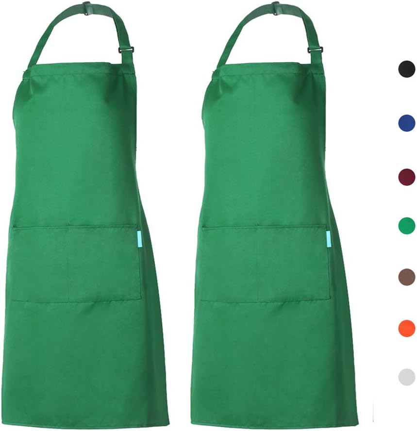 esonmus 2pcs/set Adults Polyester Kitchen BBQ Restaurant Apron with Adjustable Neck Belt 2 Pockets for Cooking Baking Gardening for Men Women