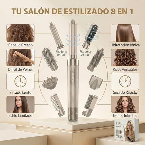 Cepillo Soplador de Pelo 8 en 1|Kit Secador de Pelo con Peine de Aire Caliente|Rizador de Pelo Desmontable Cepillo Alisador Pelo|Multifunción| Motor 110,000 RPM Coanda Iones Negativos y Difusor