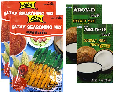 Thai Satay Convenient Set (Lobo Satay Seasoning Mix & AROY D Coconut Milk), Set of 2