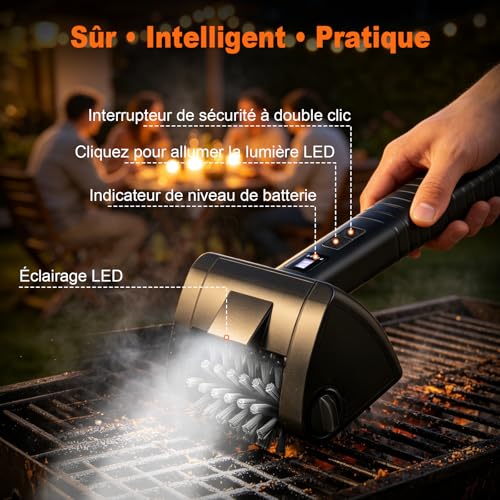 Electric Barbecue Brush, Cordless BBQ Cleaning Brush, 4000 mAh Battery, 304 Stainless Steel Brush Head, BBQ Grill, 2 Speed, Autonomy 90 Min, Waterproof, LED Light, Men's Gift