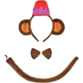 PATURPINT 3 PCS Monkey Costume Accessories, Halloween Theme Party Dress-up | Monkey Ears and Tail, A Quick Dress Up, Monkey Ears with Hat Headband, Nice Gift for Both Kids and Adults, Clip on The Tail
