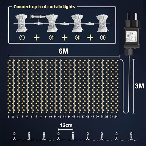 Dekofun 6 m x 3 m 600 LED Curtain Lights with Socket, Timer, 8 Modes, IP65 Waterproof Waterfall Lights for Outdoor Indoor Home Balcony Garden Wedding Terrace – Warm White