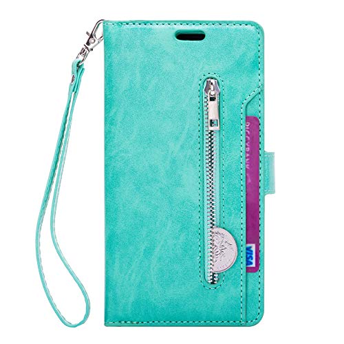 Samsung Note 9 Zipper Wallet Case with Card Holder, Ultra Slim Magnetic PU Leather Folio Flip Cover,Screen Protective Back Shell with Hand Strap for Galaxy Note 9 (2018 Release) (Green)