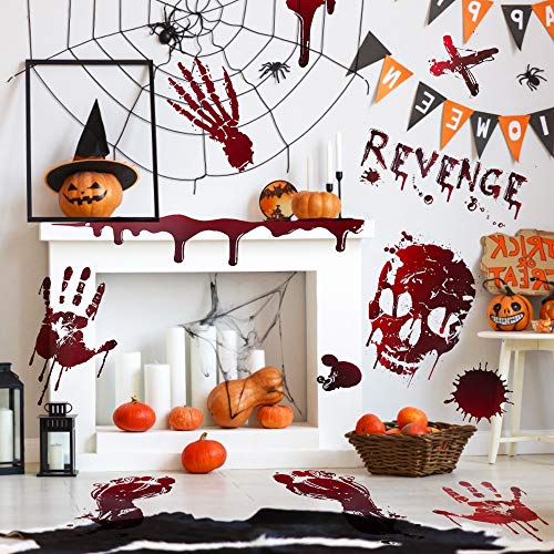 Halloween Window Clings, Bloody Handprint Footprint, 12 Sheets 130 PCS Halloween Window Decorations, Halloween Wall Decor, Halloween Window Stickers for Vampire Zombie, Spooky Window Stickers