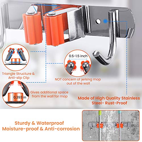 MOHOO Broom Holder Wall Mount Stainless Steel Wall Mounted Storage Organizer Heavy Duty Tools Hanger with 2 Rails 4 Racks 6 Hooks for Bathroom Kitchen Office Closet Garden