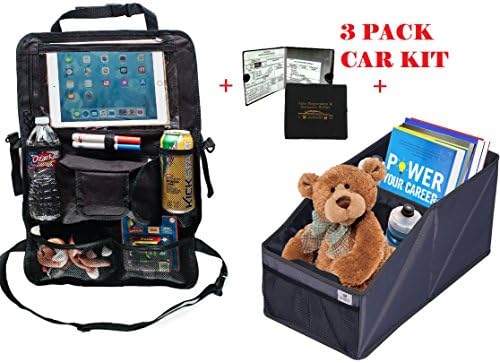 (3-Pack Car Organizer) Console Organizer + Backseat Multipocket Protector Organizer | Store Ipad Tablet Toys Maps | Suitable for Van, Car, SUV |