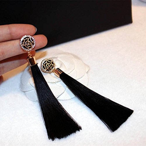 Xixou Tassel Earrings Dangle Style Trendy 3 Colors - Long Tassel Earrings Silk Crystal Dangle Drop Boho Earrings for Women Jewelry (Black)